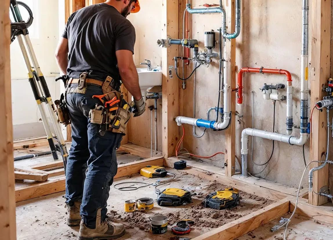 Licensed plumber working on residential plumbing